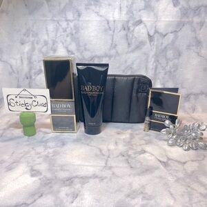 Carolina Herrera Bad Boy Set-Black Pouch,Shower Gel&EDT Sample,Woody-3pc-BOX-NEW
